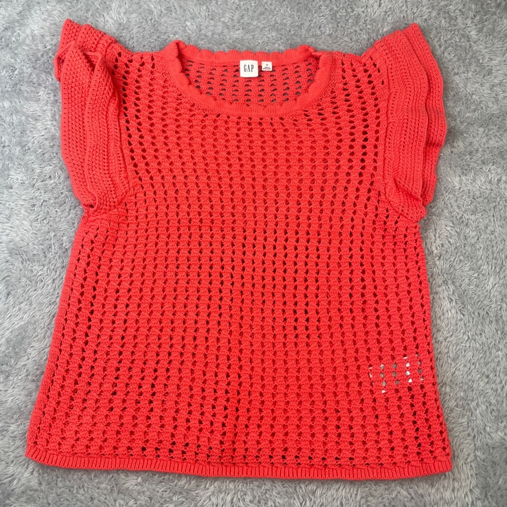 Gap Crochet Knit Top Women's M Coral Orange Crochet Ruffle Cap‎ Sleeve